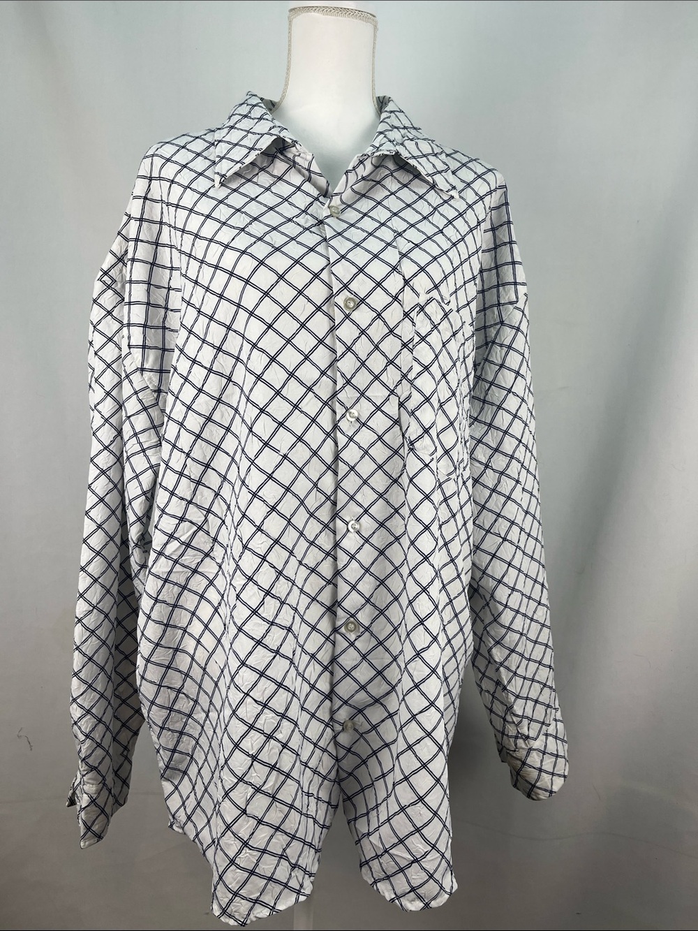 Jason Evans White Navy Diamond Grid Long Sleeve Button Up Blouse Shirt XXL NWT
